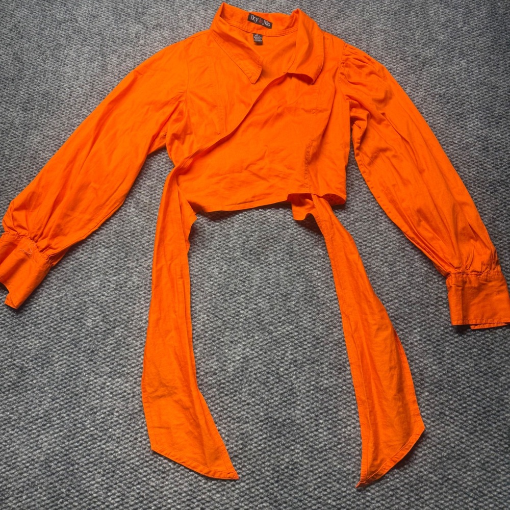 Iky & Me Women Orange Wrap Shirt Cropped Puff Sleeve Tie Waist Top Medium